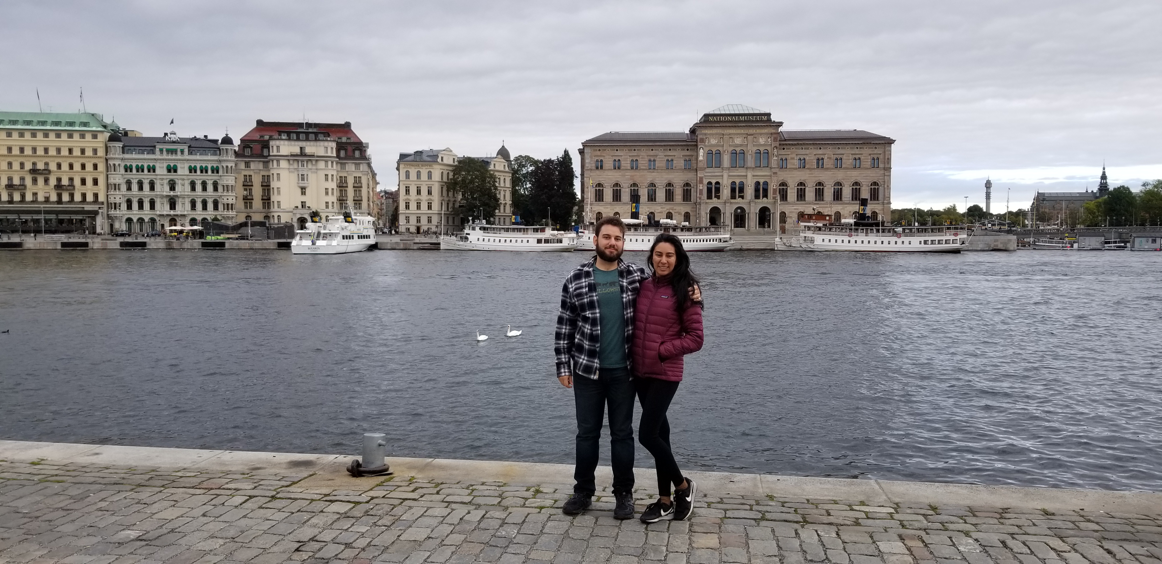 The waterfront in Stockholm. Across the water is the National Museum, a free art museum