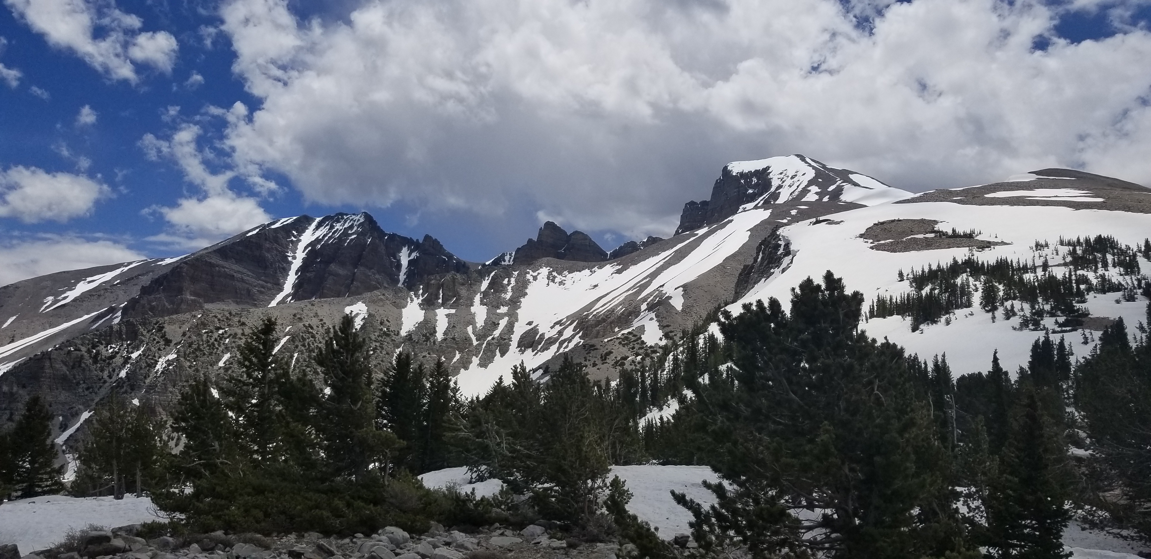 Wheeler Peak from the pass. The snow was 5 or more feet deep in places, and it got even deeper going up to the peak, so this is where we turned back (Great Basin NP)