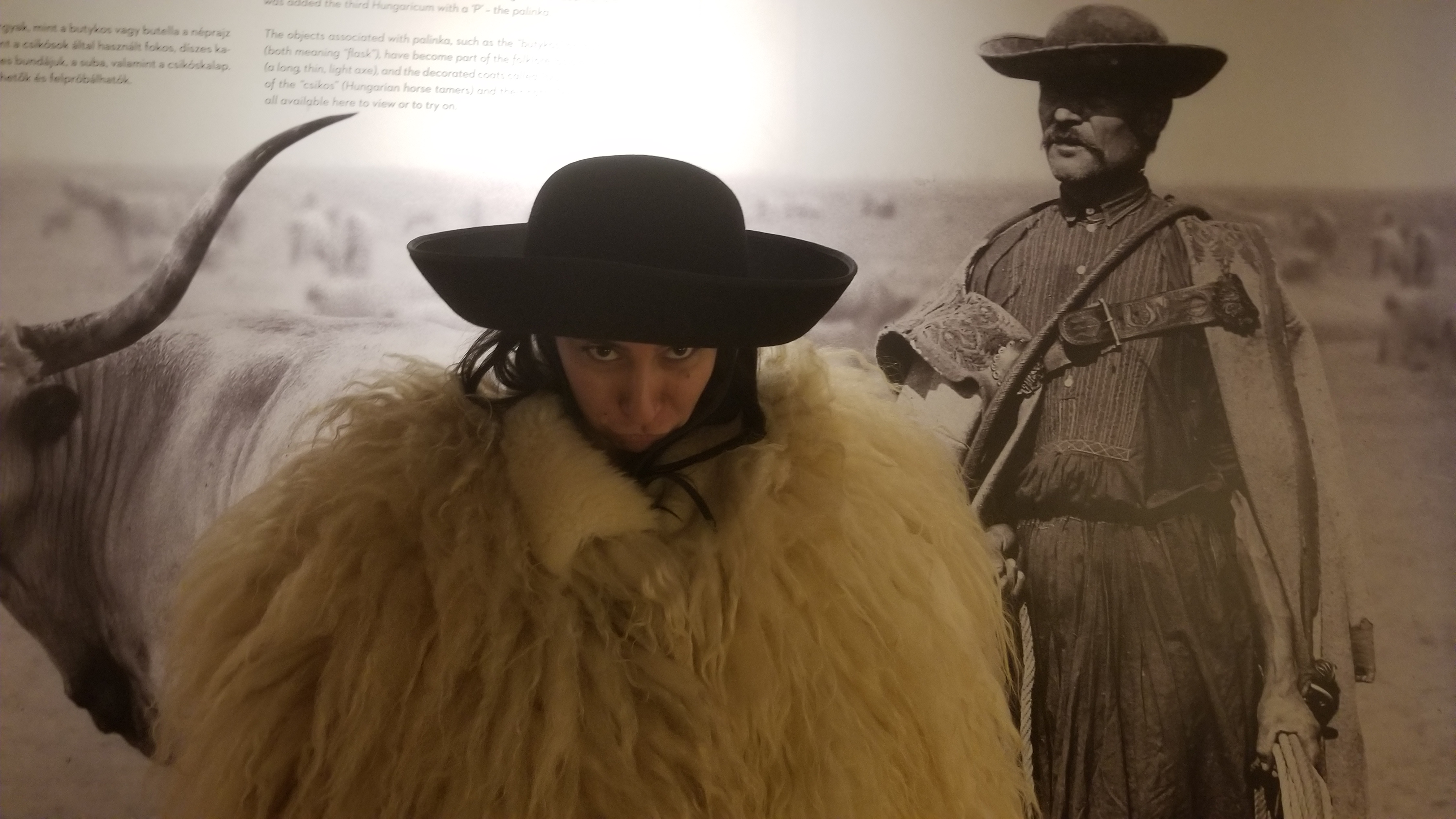 Zelzah tries on the garb of a rancher and grape farmer at the Palinka Museum in Budapest (Palinka being an alcoholic beverage made from various fruits such as apricots or pears and then distilled such that the alcohol and the aromatics of the fruit are concentrated.  It has the interesting property that it tastes like vaguely fruity vodka and then everything you eat, drink, speak, or think tastes like fermented apricots for the next several hours)