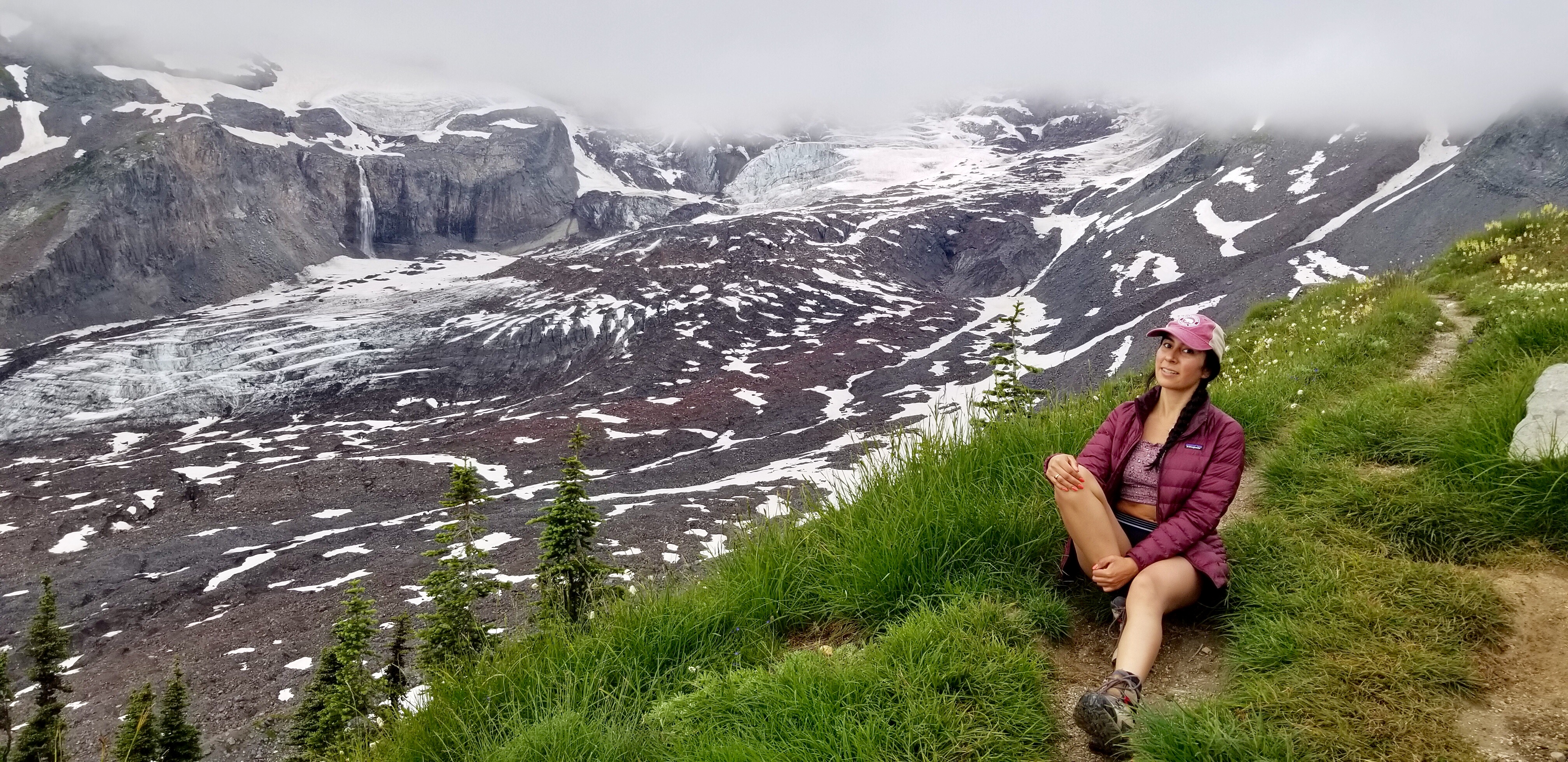 Glaciers and waterfall in background on the Skyline Trail in Mount Rainier NP