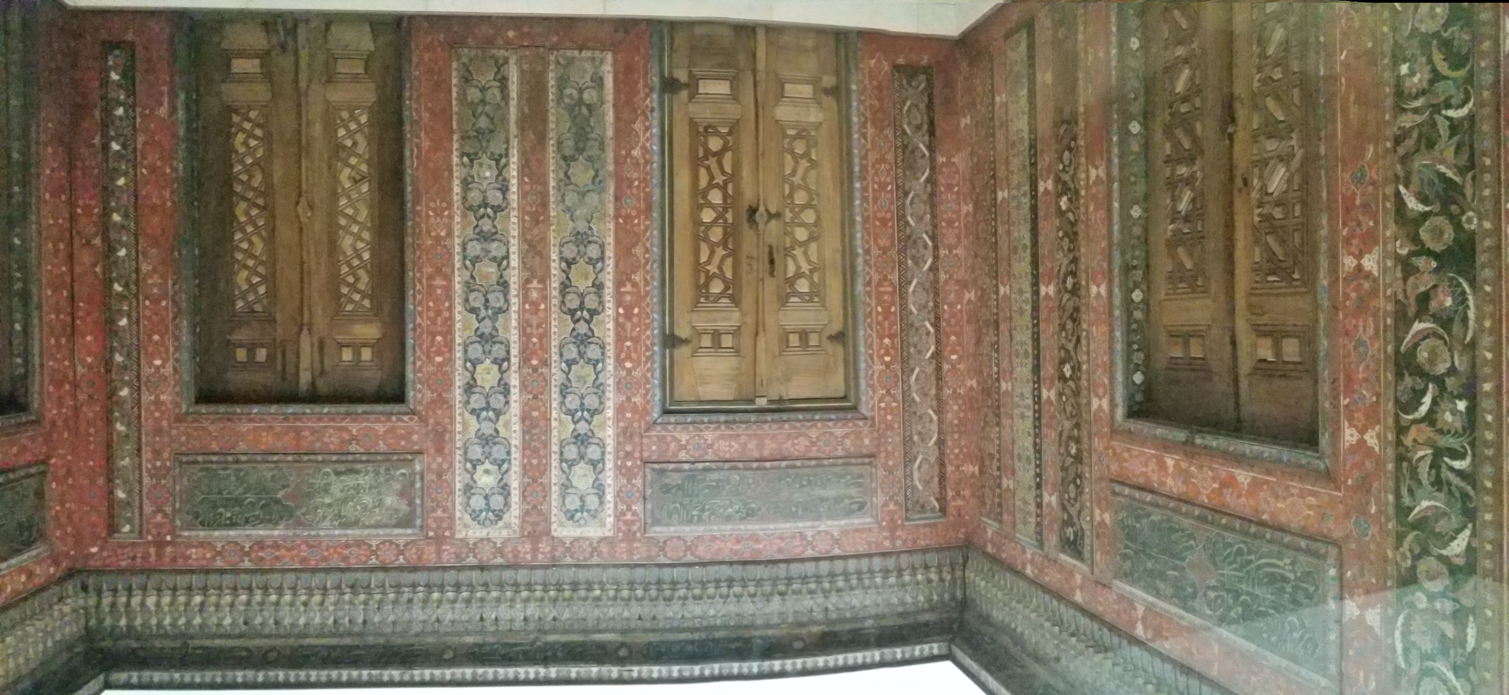 The Aleppo Room (the entrance to the house of a wealthy merchant in Aleppo) with ornate wooden wall panels. Pergamon Museum, Berlin