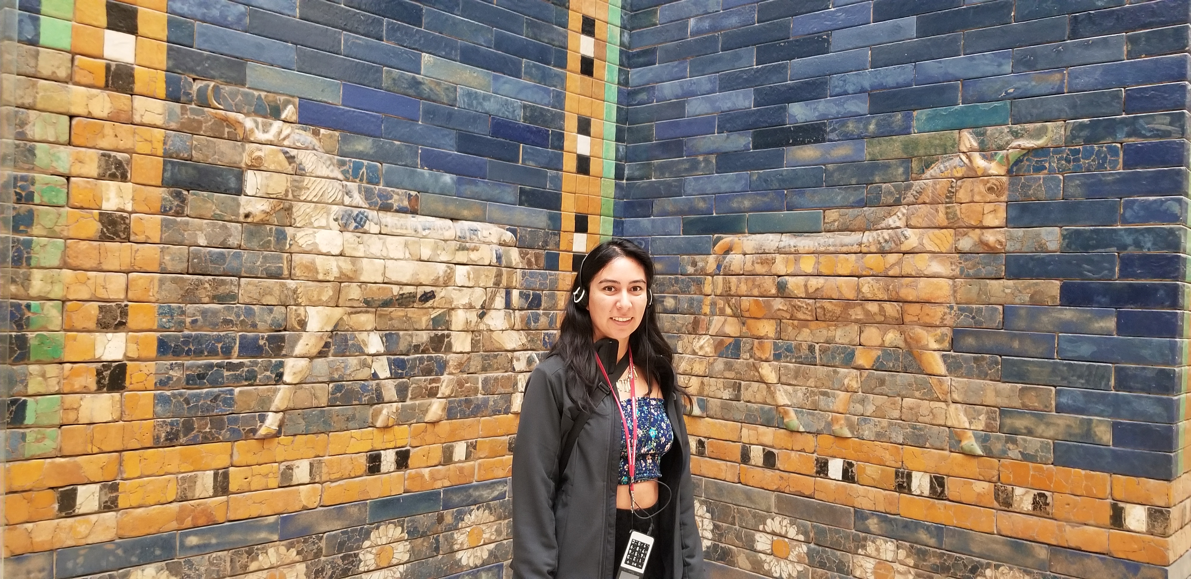 Zelzah poses with ancient unicorns. Pergamon Museum, Berlin