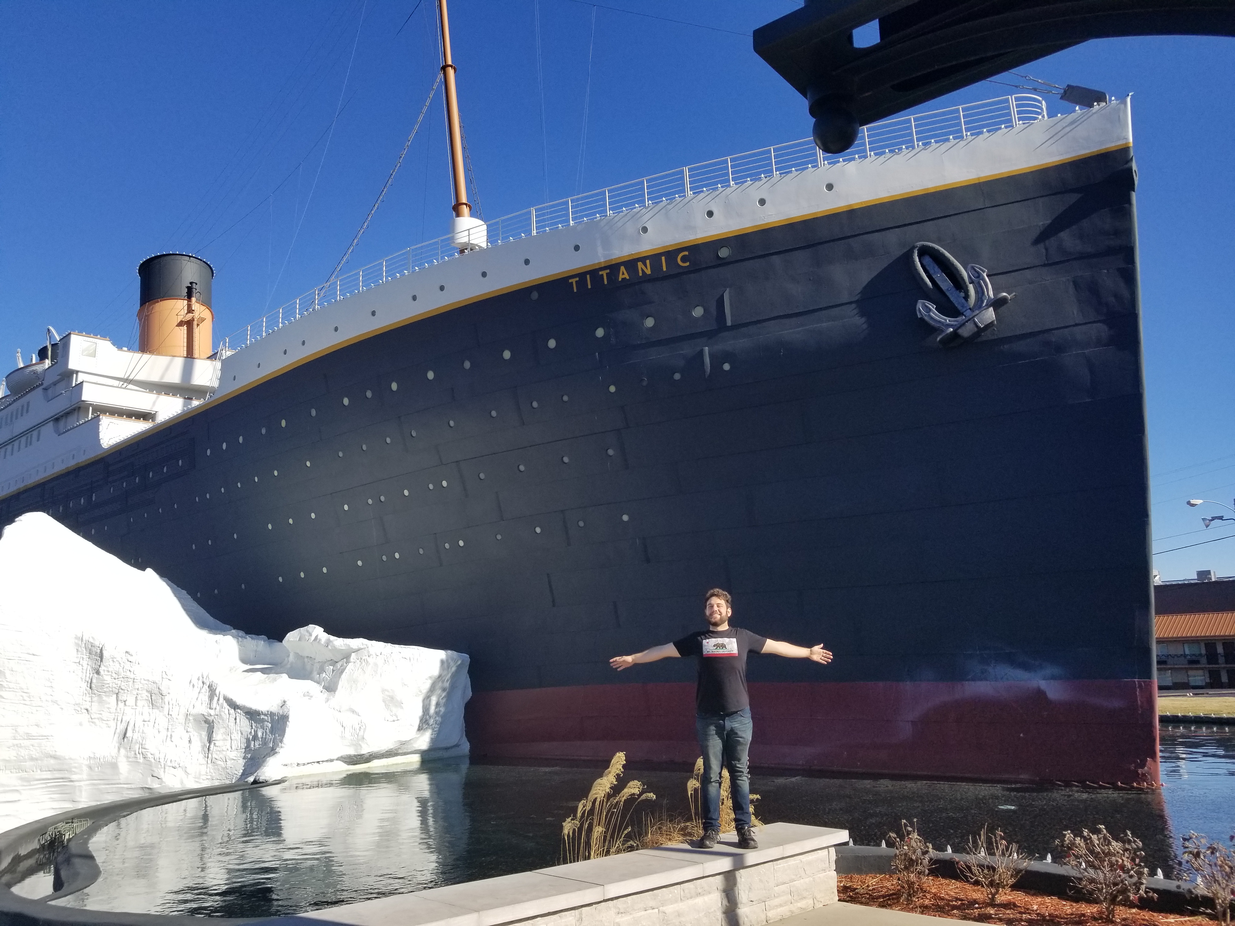 Titanic museum in Branson MO, complete with water features, a giant iceberg, and the Titanic theme music playing.