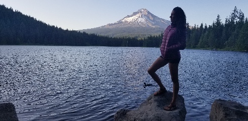 A duck photobombs Zelzah's artsy picture in front of Mount Hood,  
Oregon