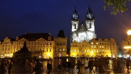 Central square in Prague at night.