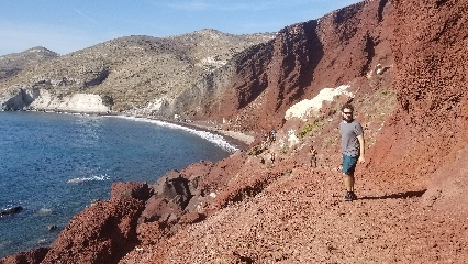 Hiking down to Red Beach on the island of Santorini