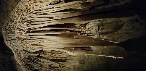 Draperies in Carlsbad Caverns. These form when drops of water drip down slightly overhanging walls for thousands of years, leaving trace deposits of minerals along their path.